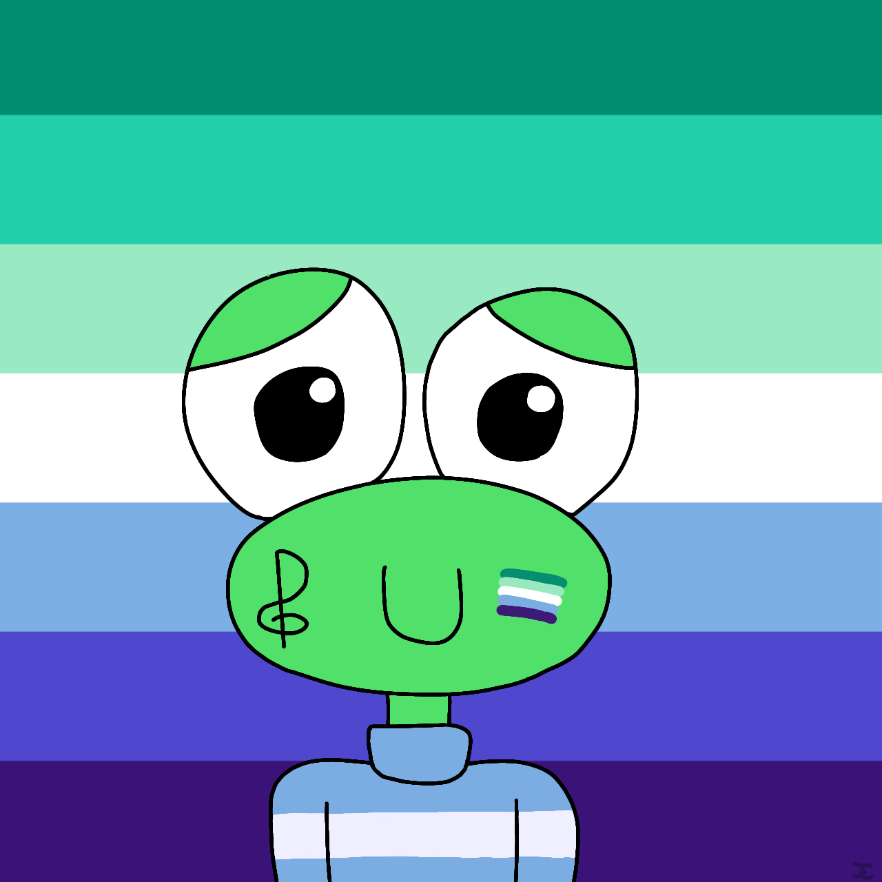 A shy-looking Cleff. He is wearing a light blue sweater with a white stripe, and in addition to his normal treble clef tattoo, the gay man pride flag is painted on his other cheek. The gay man pride flag is also the background of the picture.